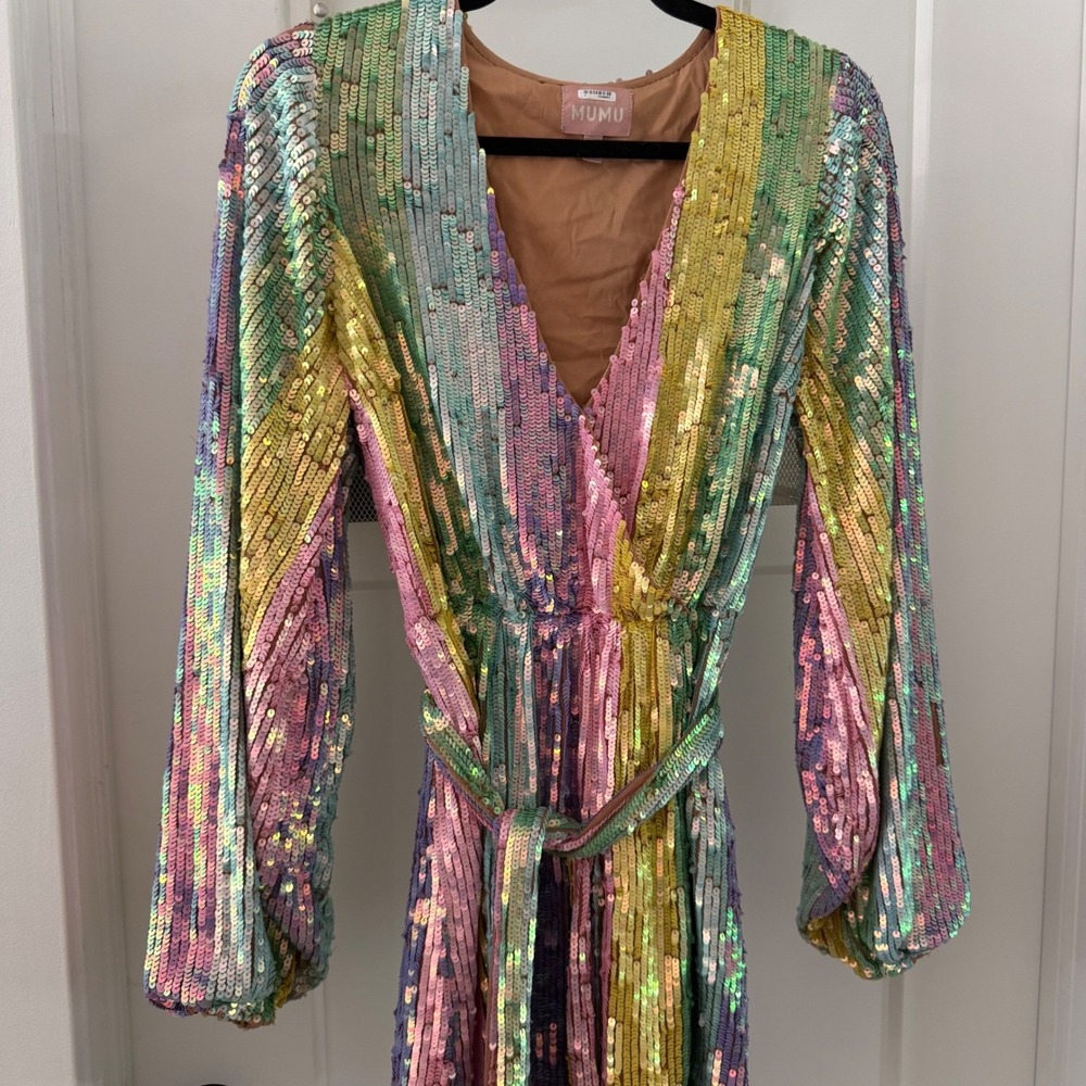Show Me Your Mumu Wear Me Out Rainbow Sequin Stripe Mini Dress S Belted Disco - Picture 12 of 12